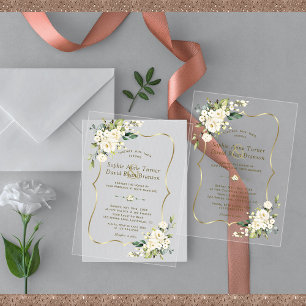 Invitaciones Acrílicas Boda Elegante Flores Blancas Delicadas Doradas