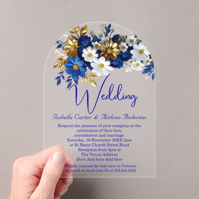 Invitaciones Acrílicas Boda elegante Flores reales de oro blanco azul (Subido por el creador)