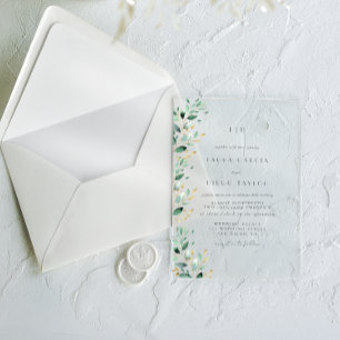 Invitaciones Acrílicas Boda Elegante Monograma Hojas Verdes