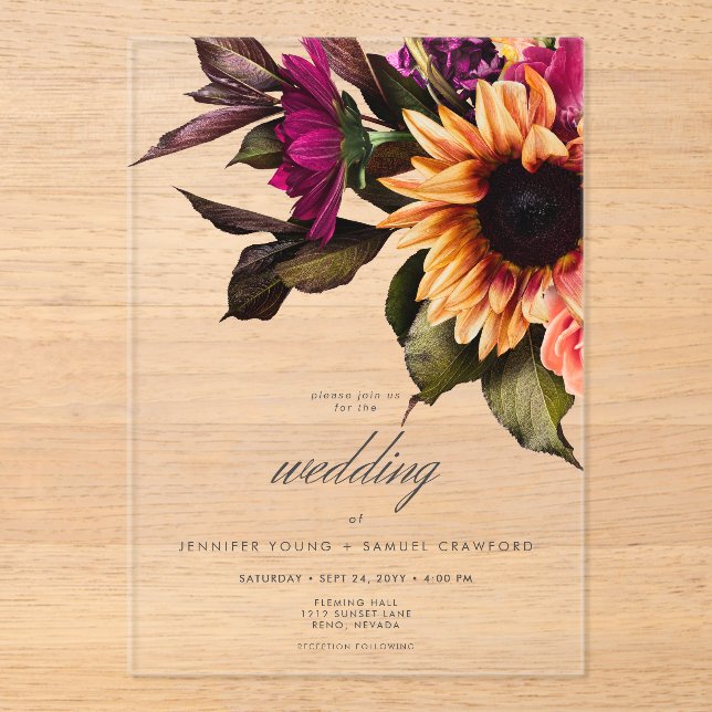 Invitaciones Acrílicas Boda elegante Moody Vibrant Sunset Floral (Anverso)