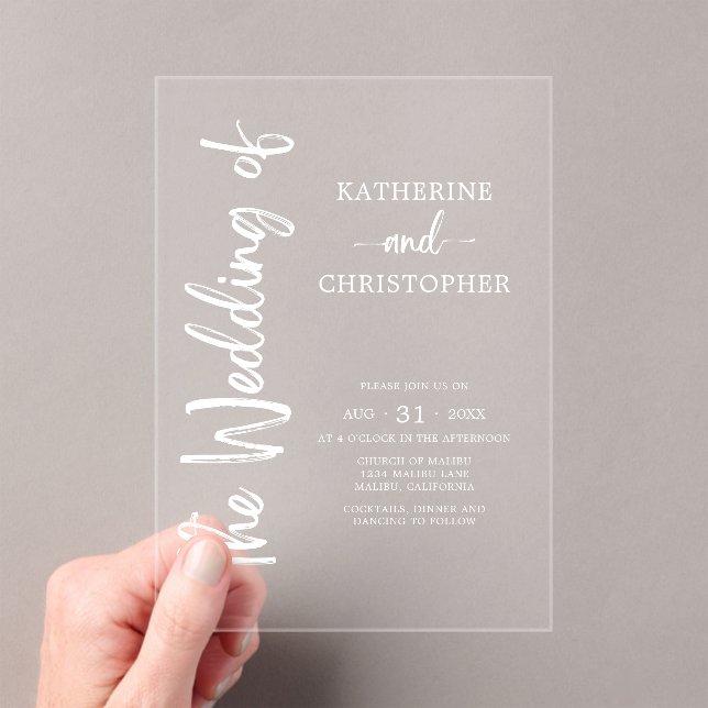Invitaciones Acrílicas Boda elegante negrita de escritura blanca transpar (Insitu (portátil))