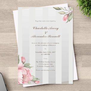 Invitaciones Acrílicas Boda Elegante – Peonía Rosada y Rayas Gris Suave