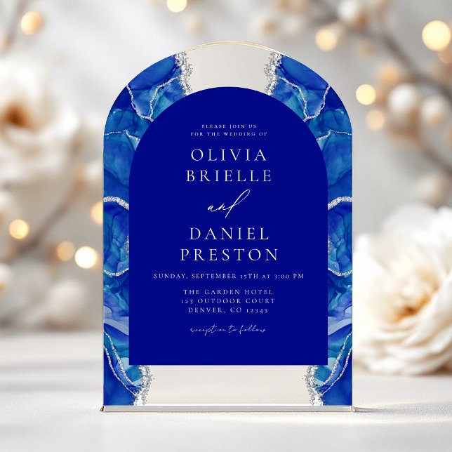 Invitaciones Acrílicas Boda elegante Royal Blue Silver Agate Monograma (Subido por el creador)
