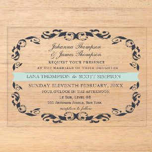 Invitaciones Acrílicas Boda elegante victoriana con filigrana Navy CLEAR