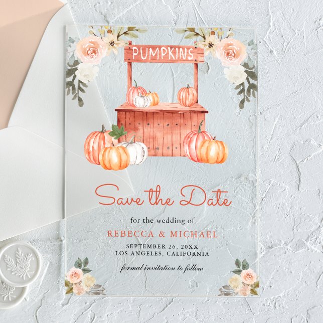 Invitaciones Acrílicas Boda en el mercado de calabaza floral Peach Save t (Subido por el creador)