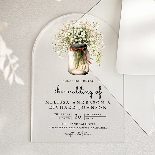 Invitaciones Acrílicas Boda en frasco de mason con aliento de bebé rústic (Subido por el creador)