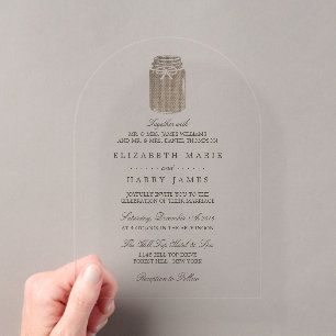 Invitaciones Acrílicas Boda en frasco de Mason de arpillera rústica