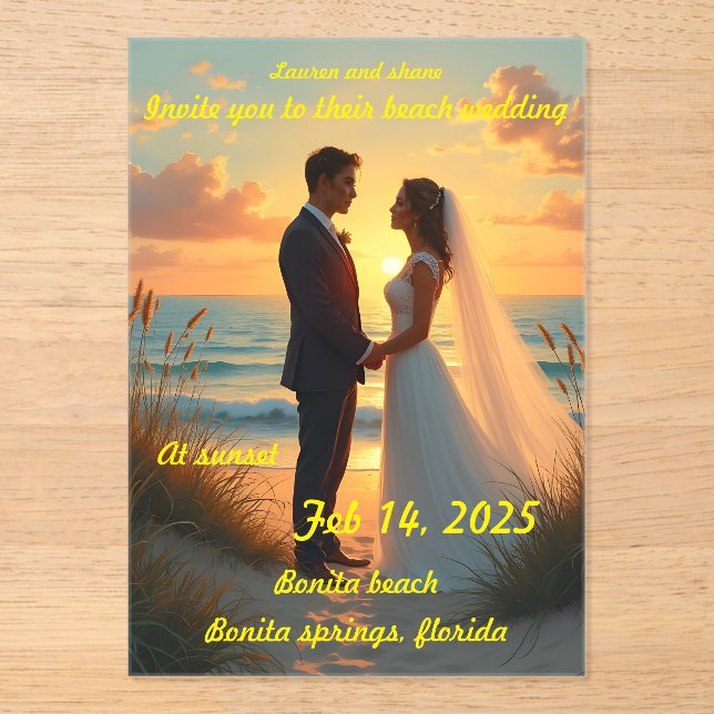 Invitaciones Acrílicas Boda en la playa al atardecer (Anverso)
