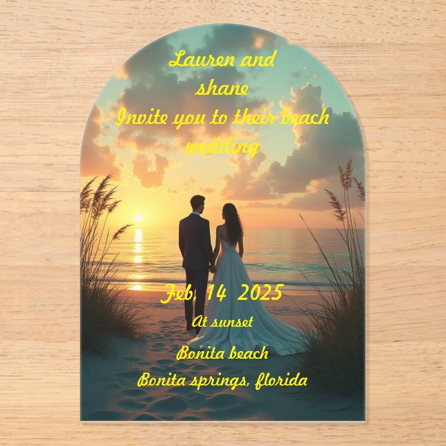 Invitaciones Acrílicas Boda en la playa al atardecer (Anverso)