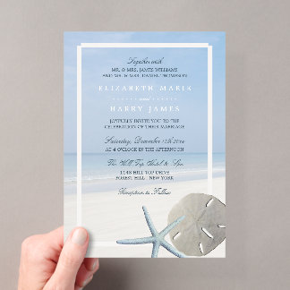 Invitaciones Acrílicas Boda en la playa con dólar de arena y estrella de