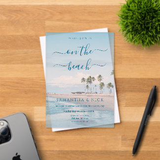 Invitaciones Acrílicas Boda en la playa con palmeras y océano azul
