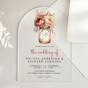 Invitaciones Acrílicas Boda en tarro de mason floral de terracota boho