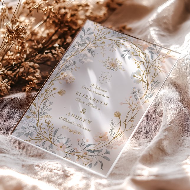Invitaciones Acrílicas Boda Escudo floral neutra elegante (Subido por el creador)