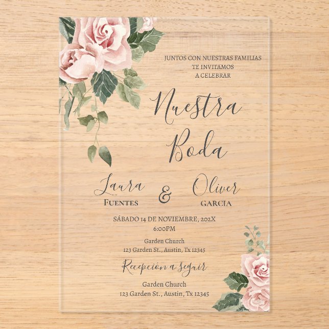 Invitaciones Acrílicas Boda español con flor rosa (Anverso)
