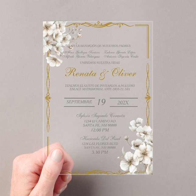 Invitaciones Acrílicas Boda español floral acrílico blanco (Insitu (portátil))