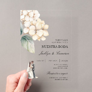Invitaciones Acrílicas Boda española floral blanca con anillo