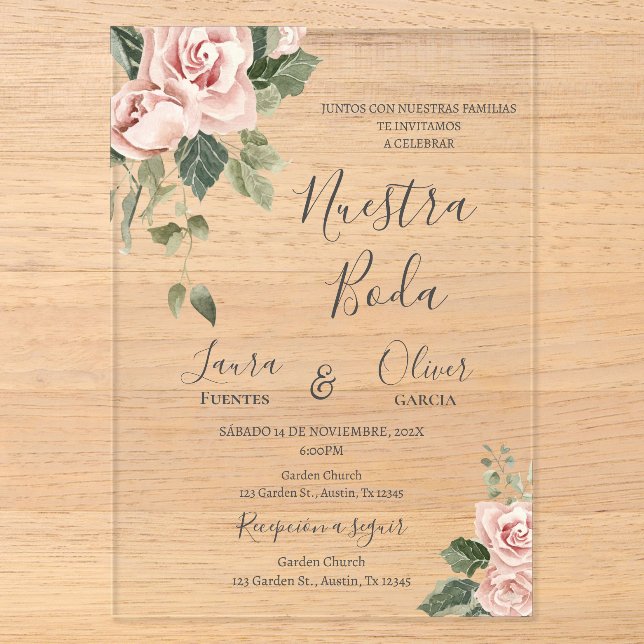 Invitaciones Acrílicas Boda española floral rosa (Anverso)