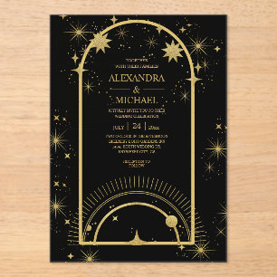 Invitaciones Acrílicas Boda Estrellas Celestiales de Oro Negro Místico 