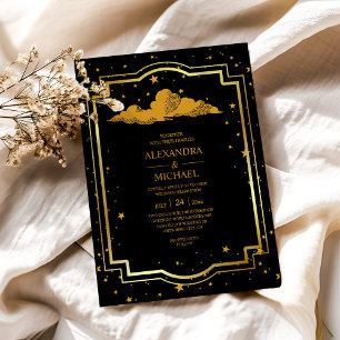 Invitaciones Acrílicas Boda Estrellas Celestiales de Oro Negro Místico