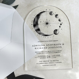 Invitaciones Acrílicas Boda Fases de Luna Negra Celestial