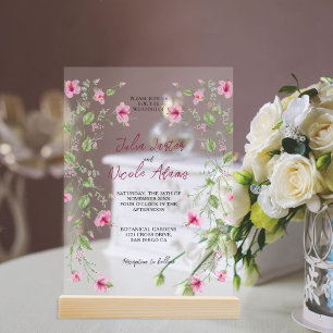 Invitaciones Acrílicas Boda Flor de Hibisco Rosa Azul Marino Polvoriento