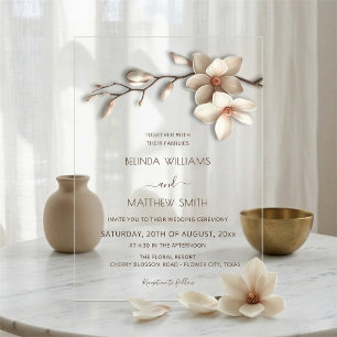Invitaciones Acrílicas Boda Flor de Magnolia 3D Marfil Transparente