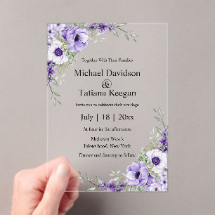 Invitaciones Acrílicas Boda floral acrílica transparente con acuarela púr