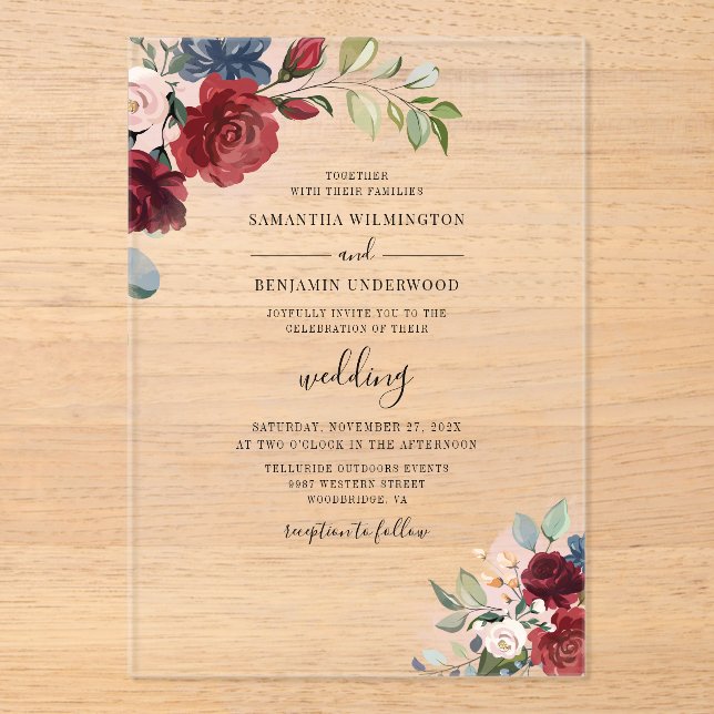 Invitaciones Acrílicas Boda floral acuarela (Anverso)