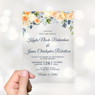 Invitaciones Acrílicas Boda floral acuarela azul marino coral melocotón