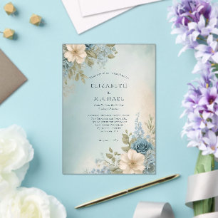 Invitaciones Acrílicas Boda floral acuarela azul polvoriento blanco