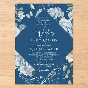 Invitaciones Acrílicas Boda floral acuarela azul polvoriento romántico