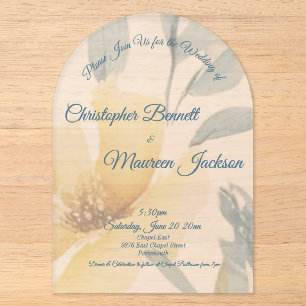 Invitaciones Acrílicas Boda floral acuarela de color amarillo mantequilla