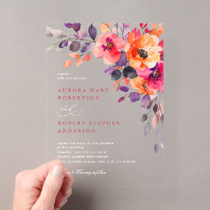 Invitaciones Acrílicas Boda floral acuarela naranja rosa brillante y atre