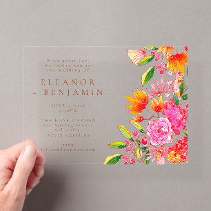 Invitaciones Acrílicas Boda floral acuarela naranja rosa moderna