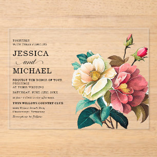 Invitaciones Acrílicas Boda floral acuarela roja y blanca