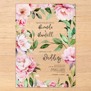 Invitaciones Acrílicas Boda floral acuarela rosa de peonía de magnolia