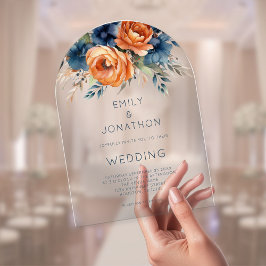 Invitaciones Acrílicas Boda floral acuarela rústica azul marino naranja q