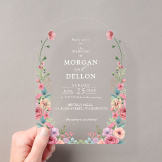 Invitaciones Acrílicas Boda floral acuarela suave rosa polvoriento y melo