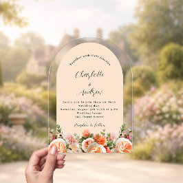 Invitaciones Acrílicas Boda floral arco melocotón rosa naranja transparen