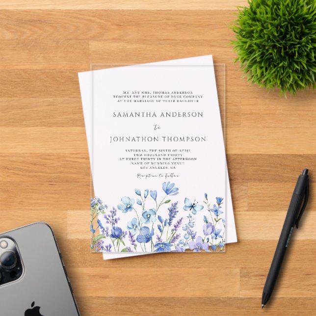 Invitaciones Acrílicas Boda floral azul (Insitu (Tarjeta de Invitación))