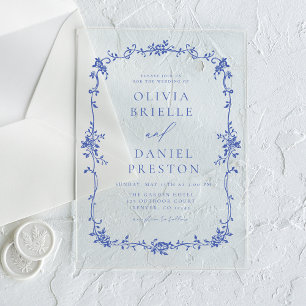 Invitaciones Acrílicas Boda Floral Azul de la época victoriana