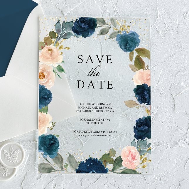 Invitaciones Acrílicas Boda floral azul de la marina salva la fecha (Subido por el creador)