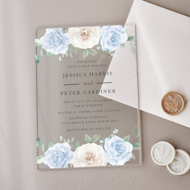 Invitaciones Acrílicas Boda floral azul de tendencia grandiosa (Subido por el creador)