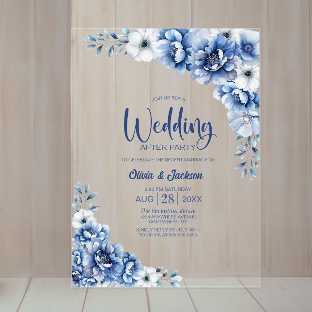 Invitaciones Acrílicas Boda Floral Azul Después Del Fiesta (Subido por el creador)