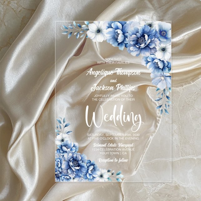 Invitaciones Acrílicas Boda floral azul elegante (Subido por el creador)