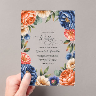 Invitaciones Acrílicas Boda floral azul francés, coral y beige de arena