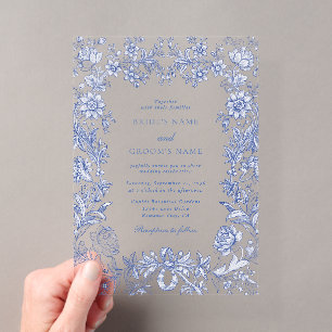 Invitaciones Acrílicas Boda Floral Azul Francés Rústico Vintage Elegante