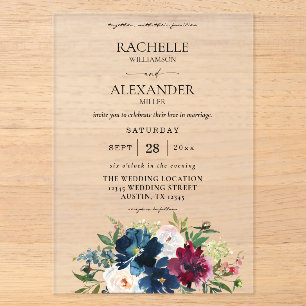 Invitaciones Acrílicas Boda floral azul marino, borgoña y blanco