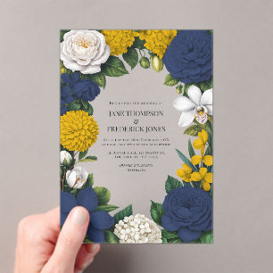 Invitaciones Acrílicas Boda floral azul marino, mostaza amarilla y blanca