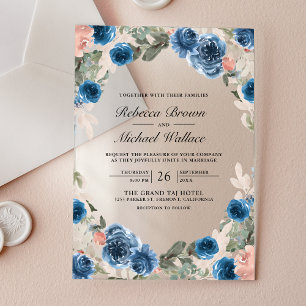 Invitaciones Acrílicas Boda floral azul marino rosa rubor